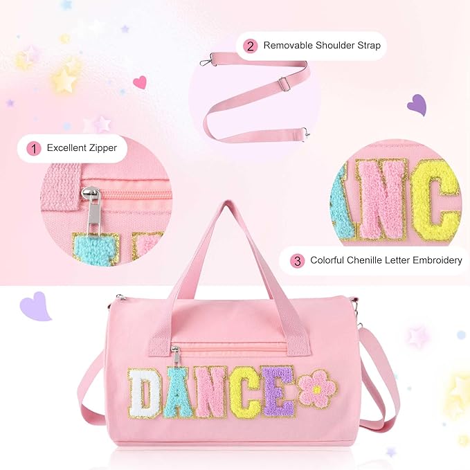 Dance Bag for Girls, KUIRAN 23L Travel Duffel Bag with Colorful Chenille Letter, Lightweight Small Gym Sport Ballet Weekender Bag with Large Main Compartment - Baby Pink