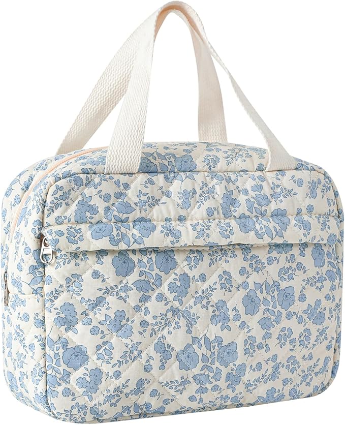 uekeboag Large Size Quilted Coquette Makeup Bag, Cute Preppy Floral Cotton Travel Cosmetic Organizer Bag with Top Handle, Multi-Layer Travel Toiletry Pouch (01Lightblue Flower)