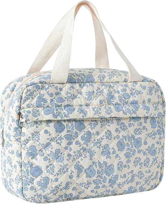 uekeboag Large Size Quilted Coquette Makeup Bag, Cute Preppy Floral Cotton Travel Cosmetic Organizer Bag with Top Handle, Multi-Layer Travel Toiletry Pouch (01Lightblue Flower)