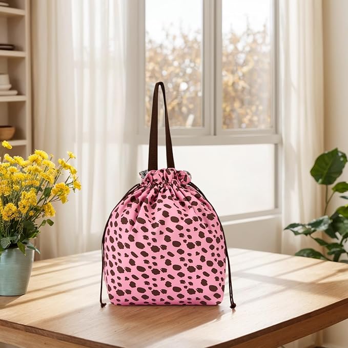 Reusable Small Lunch Bag,Drawstring Lunch Bag,Insulated Handbag Tote bag with Handle (Pink Leopard Print)