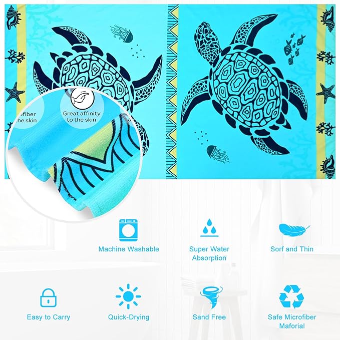LIVILAN Turtle Beach Towel - Soft & Absorbent: 30" x 60", Lightweight at 9 Ounces, Made of 100% Microfiber, Quick-Drying, Ideal for Beach, Travel, and Various Fun Activities.