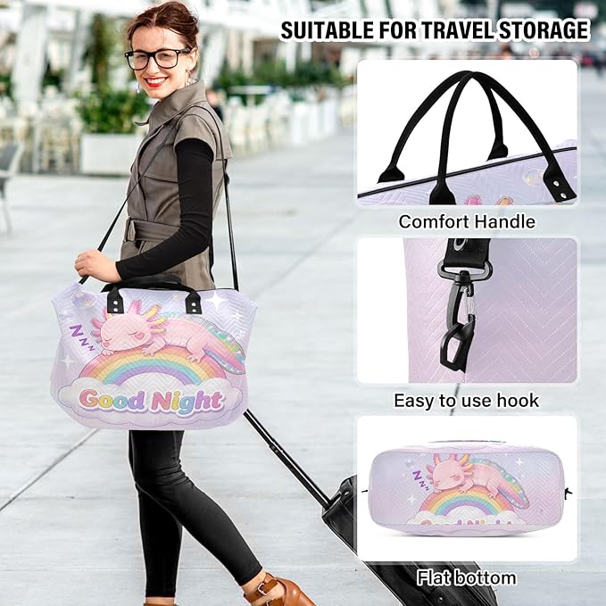 Travel Duffle Bag, Good Night Axolotl Rainbow Gym Bag with Storage Bag Weekender Overnight Bag for Men Women Trip Sports Yoga