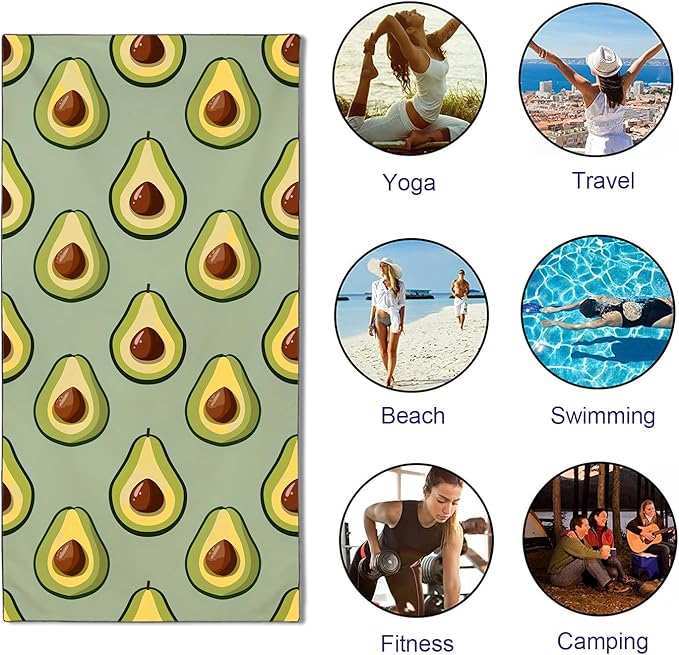 Avocados Pattern Beach Towel Extra Large 36" x 72", Thin Lightweight Microfiber Towels with Fruit Design, Sand Free and Quick Dry, Compact Bag