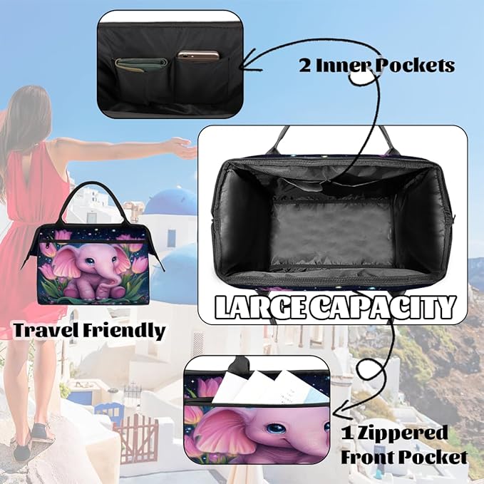 Gym Bag for Women Men, Starry Pink Elephant Tulips Sports Duffel Bags, Waterproof Travel Weekender Overnight Carry On Tote Bags for Travel Sports