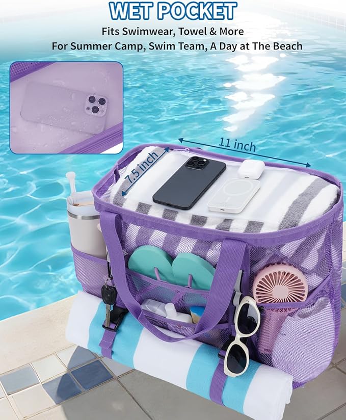 WANDF Mesh Beach Bag for Women, Large Beach Tote Bags with 40oz Tumbler Side Pockets, Family Pool Bag for Swim Toys Towels Cruise Vacation Essentials (Purple) | Breathable
