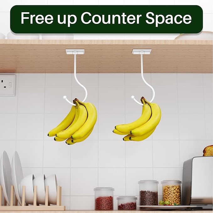 White Banana Hanger Hook Under Cabinet: Adhesive Banana Holder, Foldable with Magnets When Not in Use, Under Counter Banana Hook, Stainless, Hold 13 LB