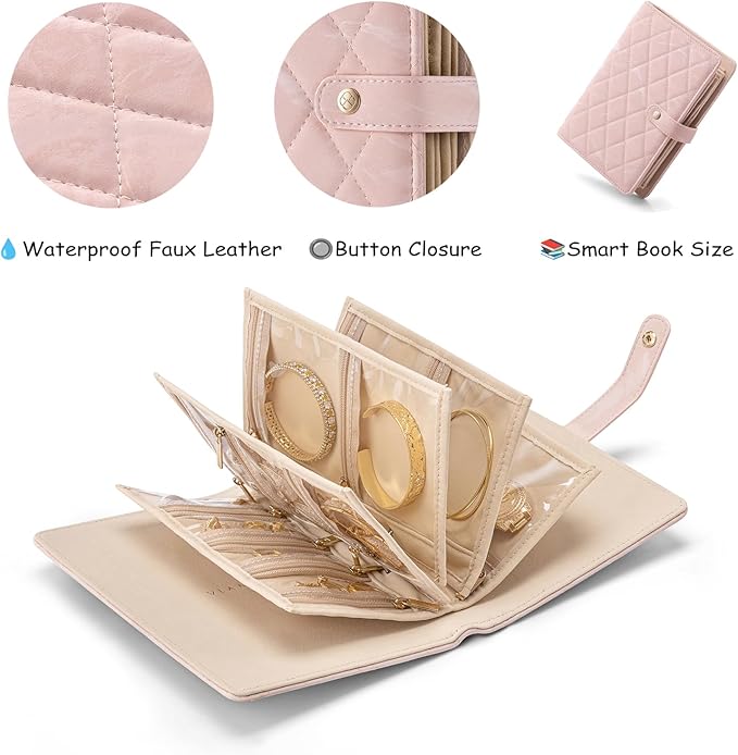 Vlando Jewelry Book Organizer - Leather Travel Jewelry Case with 5 Detachable Pages for Necklaces, Rings, Earrings, Tangle-Free, Giftable,Seashell Pink