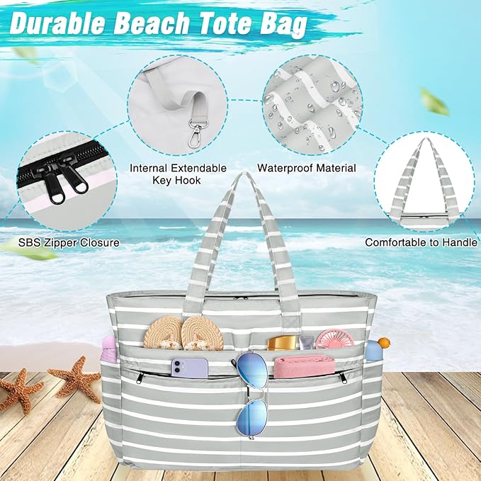 HUANLANG Extra Large Beach Bag Waterproof Beach Totes Bags for Women Men,Pool Bag with Zipper Wet Pocket