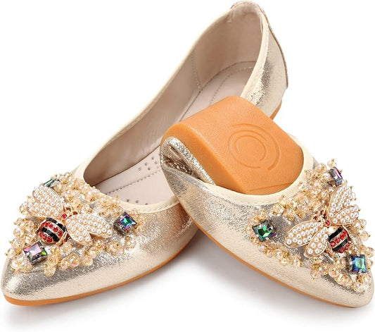 KUNWFNIX Women Ballet Flats Rhinestone Wedding Ballerina Shoes Foldable Sparkly Comfort Slip on Flat Shoes