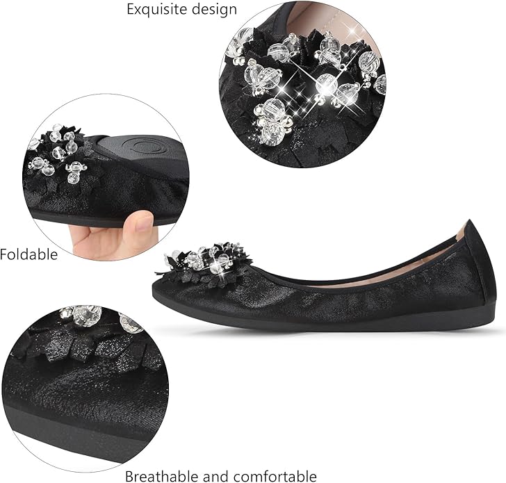 KUNWFNIX Women Ballet Flats Rhinestone Wedding Ballerina Shoes Foldable Sparkly Comfort Slip on Flat Shoes