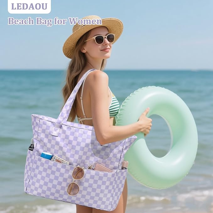 LEDAOU Large Beach Bag Women Waterproof Sandproof Zipper Beach Tote Pool Bag for Swim Gym Grocery Travel with Wet Pocket | Waterproof, Sandproof, Zipper, Pool, Gym, Grocery