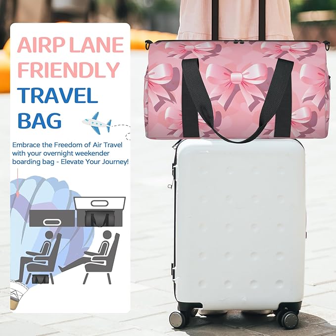 Bow Print Overnight Travel Bag Unisex Pink Carry-On Size Tote Bag Suitable for Travel Duffle Gym Sports