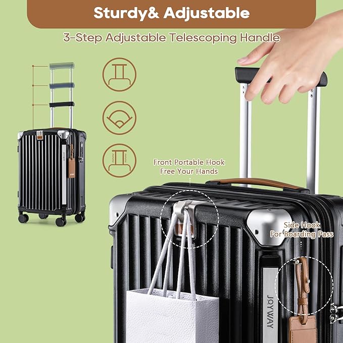 Joyway 20in Carry On Luggage with Cup Holder and USB Port, 25% Expandable Capacity, Smart Suitcase with Anti Slip Wheels and Handbag, Perfect for Men and Women 3 Piece Set Black