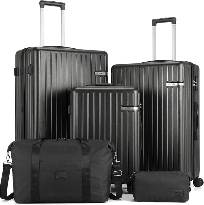 HOTEEL 5 Piece Luggage Set (4-YEAR WARRANTY) ABS+PC Hardshell Carry on Suitcase with Spinner Wheels & TSA Lock for Men Women, Rolling Suit Case for Plane, Travel, Business, Gloss Black(20/24/28/DB/TB)