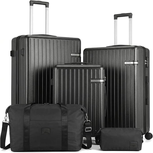HOTEEL 5 Piece Luggage Set (4-YEAR WARRANTY) ABS+PC Hardshell Carry on Suitcase with Spinner Wheels & TSA Lock for Men Women, Rolling Suit Case for Plane, Travel, Business, Gloss Black(20/24/28/DB/TB)