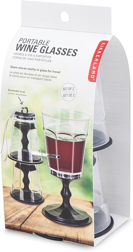 Kikkerland Portable Wine Glass, Stackable CompactTravel Glasses with Strap, Black, Set of 2