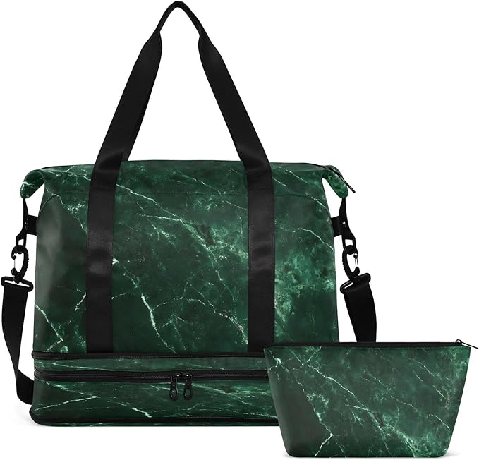 Travel Duffel Bags for Women Emerald Green Marble Print Sports Duffel Bags Gym Bags with Shoes Compartment Tote Bag Weekender Bag for Travelling