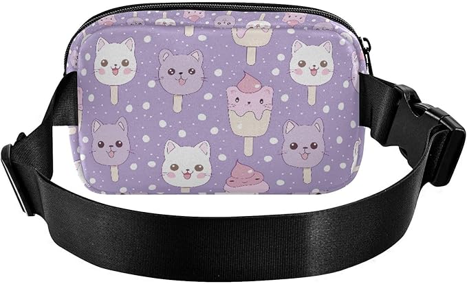 Kawaii Cat Ice Cream Polka Dots Fanny Pack for Women Men Water Resistant Fashion Waist Packs with Adjustable Strap Belt Bag for Travel Workout Jogging Hiking 21219101