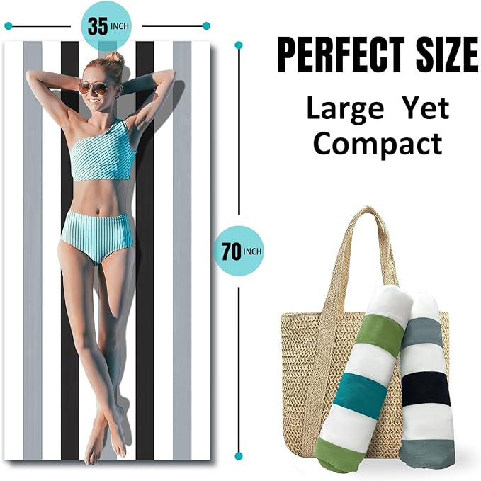 cabanana Large Oversized Beach Towel - Microfiber Sand Free 35 x 70 Inch Quick Dry Lightweight Pool Towel for Adults, Thin Striped Swim Towel (Black)