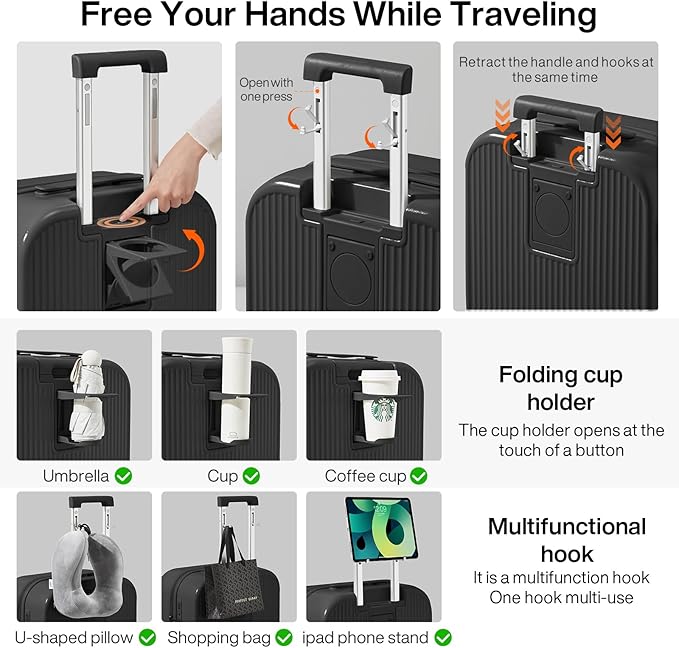 mixi Carry On Luggage with Cup Phone Holder Hard Shell Rolling Travel Suitcases with Spinner Wheels,20 Inch Black
