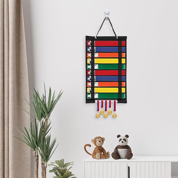 JUXYES Wall Hanging Martial Arts Belts Organizer, Portable Karate Belt Display Holder with Medals Hanging Stick, Lightweight Hanging Taekwondo Belt Display Holder for Martial Arts Learner