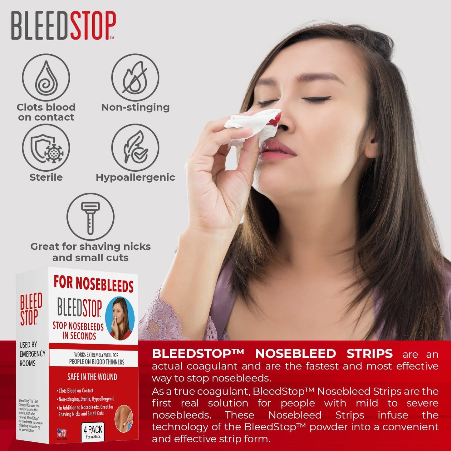 BleedStop™ First Aid Powder Strip for Blood Clotting, Trauma Kit, Blood Thinner Patients, Camping Safety, and Survival Equipment for Moderate to Severe Bleeding Wounds or Nosebleeds - 18g (Pack of 4)