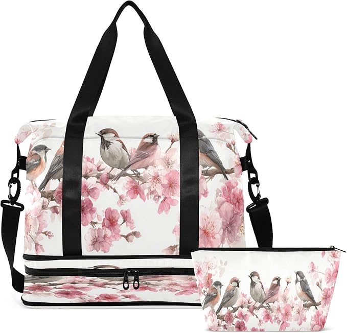 Travel Duffel Bags for Women Cute Songbirds on Cherry Blossom Branch Sports Duffel Bags Gym Bags with Shoes Compartment Tote Bag Weekender Bag for Travelling