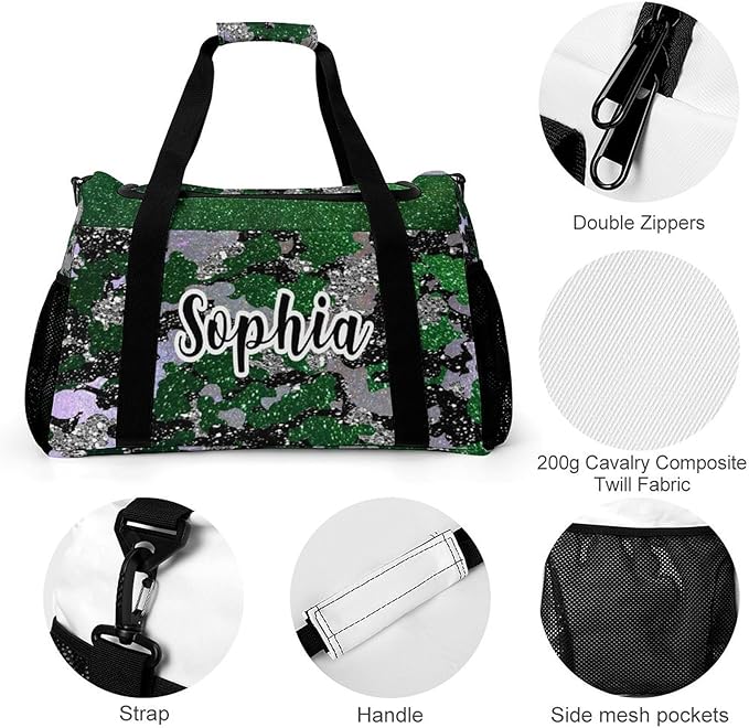 Custom Multifunctional Duffel Bag with Name Gym Bags Adjustable Shoulder Strap Travel Bag for Teens Green Black Camo Bling Print Casual Bag
