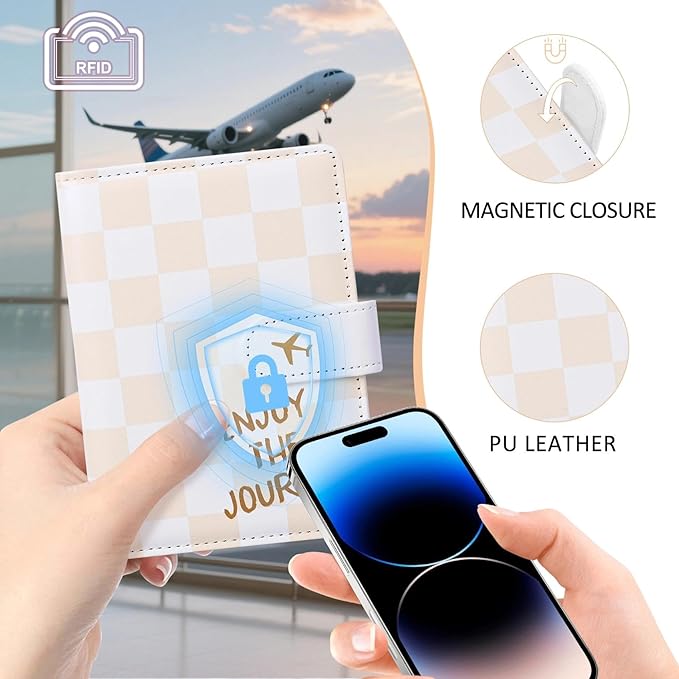COSHAYSOO Personalized RFID Passport Holder for Travel Women Passports Cover Case Air Essentials Airplane Flight Accessories Airline Plane Flying Must Haves Christmas Gifts for Travelers Checkered
