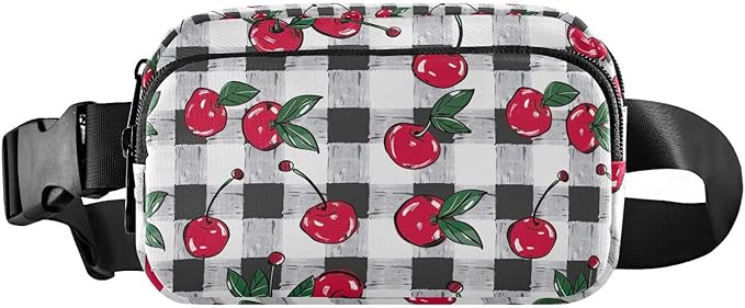 Cherry Fruit Black White Checkered Plaid Fanny Pack for Women Men Water Resistant Fashion Waist Packs with Adjustable Strap Belt Bag for Travel Workout Jogging Hiking 21219426