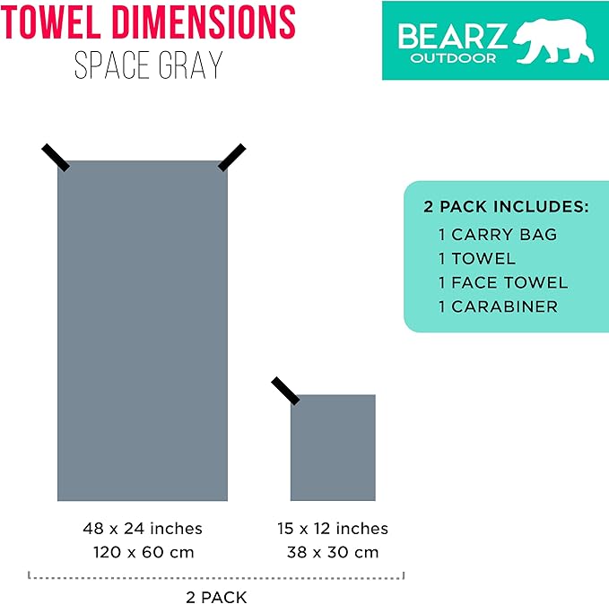 Microfiber Towel Set by BEARZ Outdoor. Microfiber Towels for Body, Workout Towel, Camp Towel, Yoga Towel, Sweat Towel, Microfiber Beach Towel, Travel Towel. Fast Drying & Compact. Free Face Towel