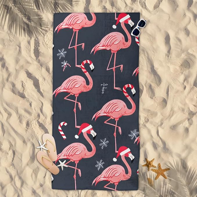 Christmas Hat Flamingo Candy Beach Towel, Large Microfiber Quick Dry Lightweight Pool Bath Towels Sand Free Beach Blanket for Summer Cruise Yoga Camping Travel Vacation Essentials 31 x 61 in