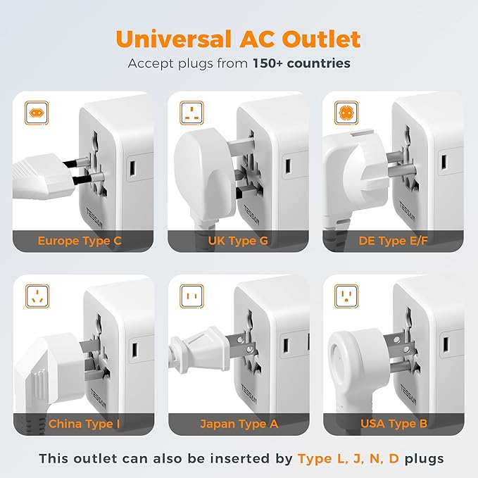 TESSAN Universal Travel Adapter, Power Adapter Worldwide with Extra 2 Prong AC Outlet, 4 USB Ports (2 USB C), International Plug Adaptor for US to Europe Italy UK Australia Ireland (Type C G A I)
