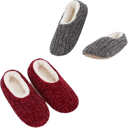 Cozylook 2-Pair Women's Soft Sole Slipper Socks with Grippers, Thick Warm Cozy Sherpa Lined Home Socks Set, Cable Knitted Non-slip Fluffy Winter House Bedroom Slippers