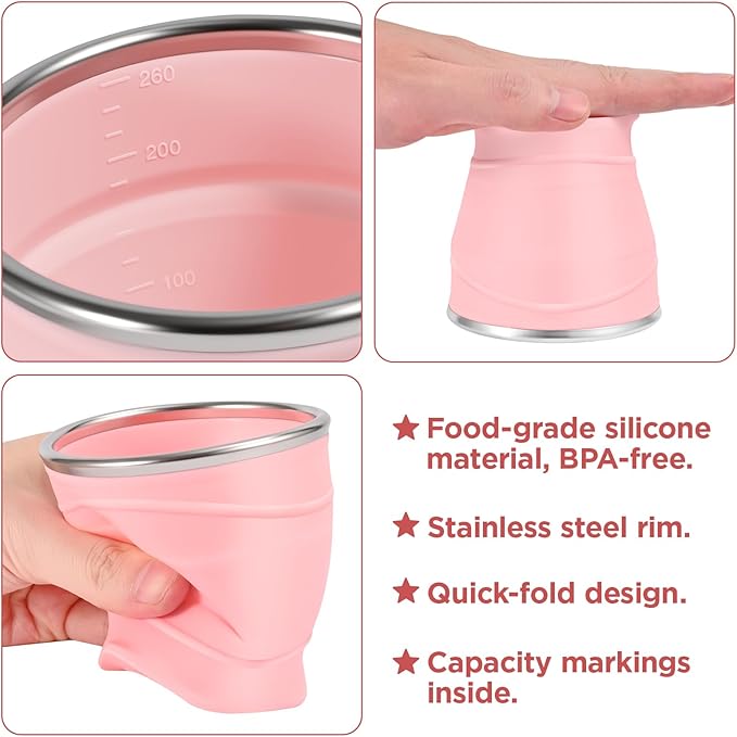 Silicone Collapsible Travel Cup with Dustproof Lid, 8.8 Oz/260ml, BPA-Free, Portable, Reusable for Camping, Picnic, Travel, Office (Gray)