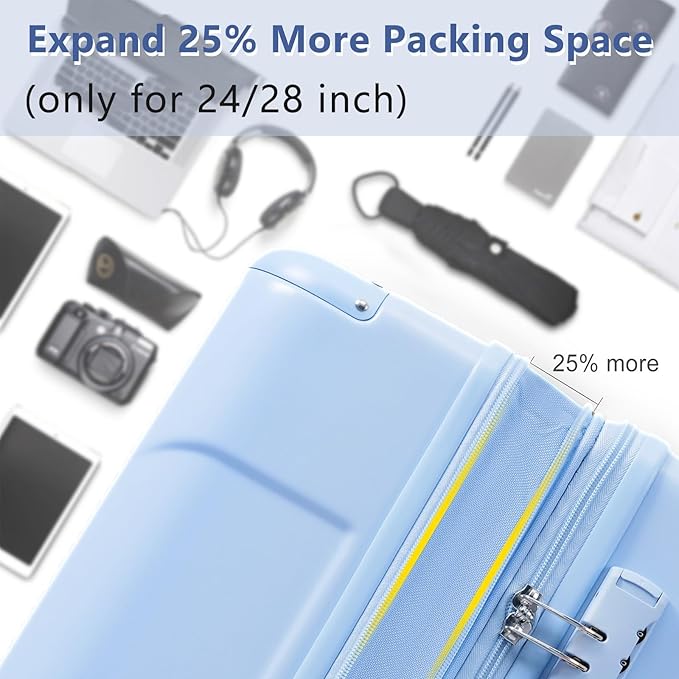 24 Inch Hardshell Luggage Lightweight Checked Luggage, Sky Blue Hardside ABS Suitcases with Double Wheels and TSA Lock, Medium Expandable 24-inch Carry on Luggages for Travel, Men, Women