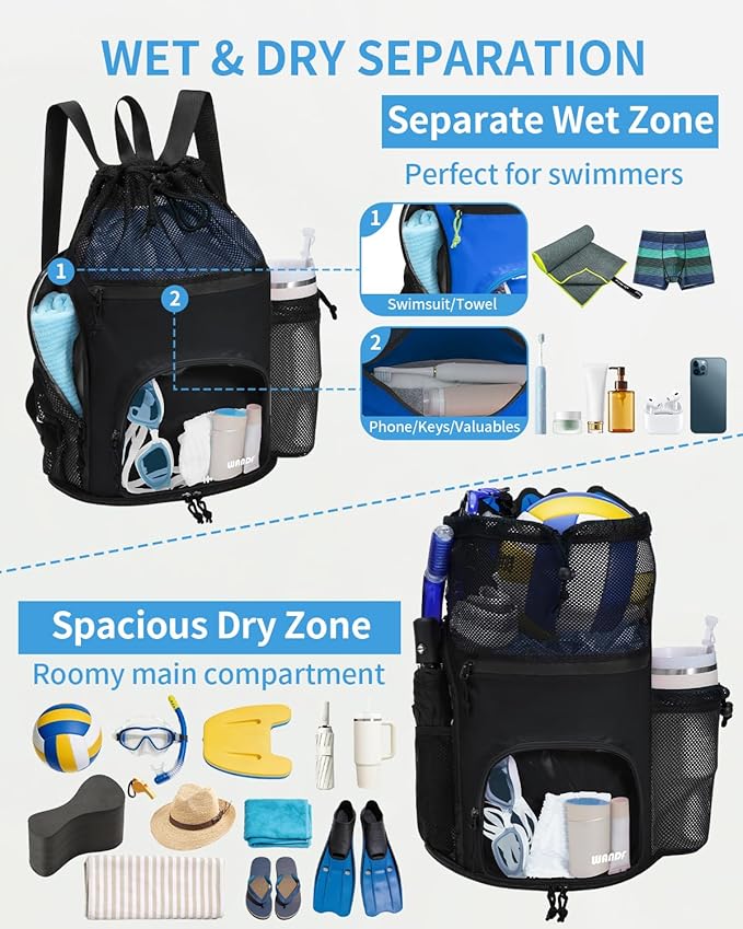 WANDF Swim Bag with Wet Pockets, Sandproof Beach Backpack with 40oz Tumbler Side Pockets, Mesh Drawstring Backpack Swim Bag for Swimming, Pool, Gym and Workout Gear (Black)
