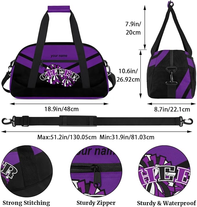 Custom Name Black Purple Cheerleading Squad Gym Travel Duffle Bag with Front Zipper Pocket Personalizedfor Sports Bag for Overnight, Weekender, Carry On,Workout & Dance, 18.9 * 8.7 * 10.6 in
