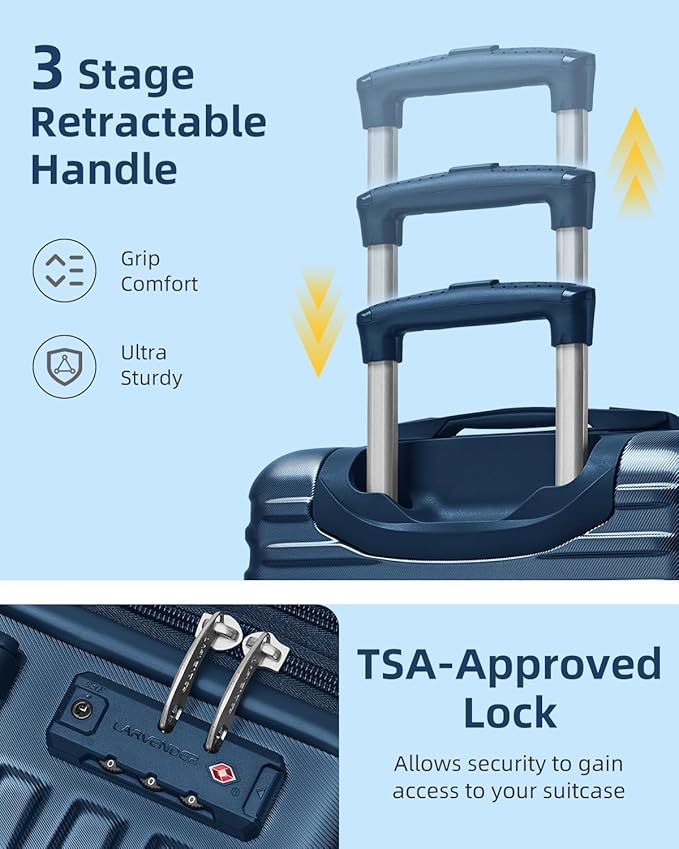 LARVENDER Carry on Luggage 22x14x9 Airline Approved, 20 Inch Hardside Suitcase with Wheels TSA Lock, PC+ABS Lightweight Carry on Suitcases for Women and Men, Dark Blue