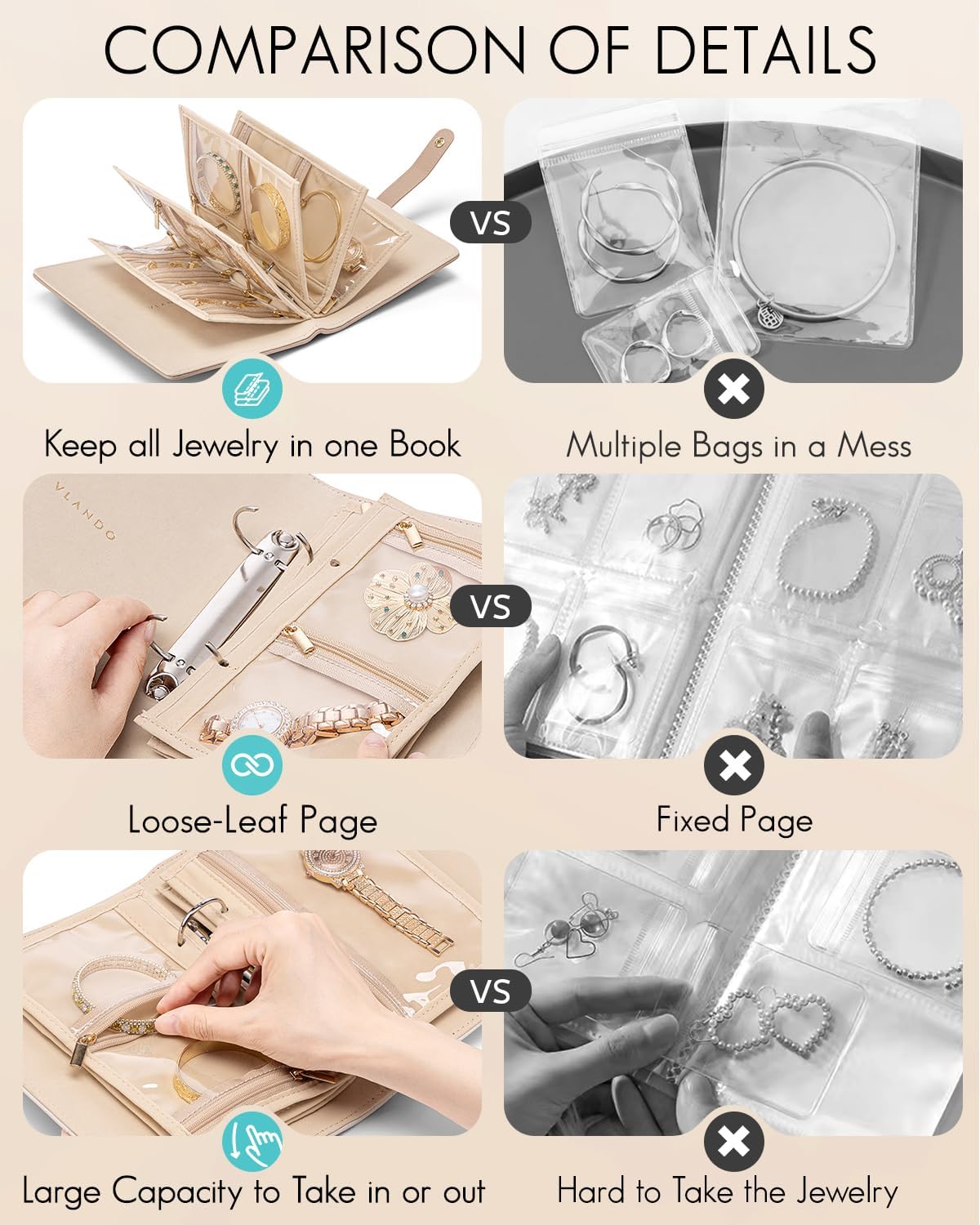 Vlando Travel Jewelry Organizer Case,Teacher Appreciation Gifts,Jewelry Storage Book Ring Binder with Clear Zipper Velvet Pouch Bag for Traveling,Rings,Necklace,Earrings,Bracelets,Brooches-Toffee