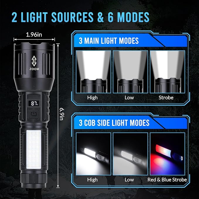 Flashlight High Lumens Rechargeable 2 Packs, 1,500,000L Handheld LED Flashlights High Powered, Adjustable Super Bright Flash Lights with 6 Modes, Cob Side Light, Tactical Flashlight for Emergency