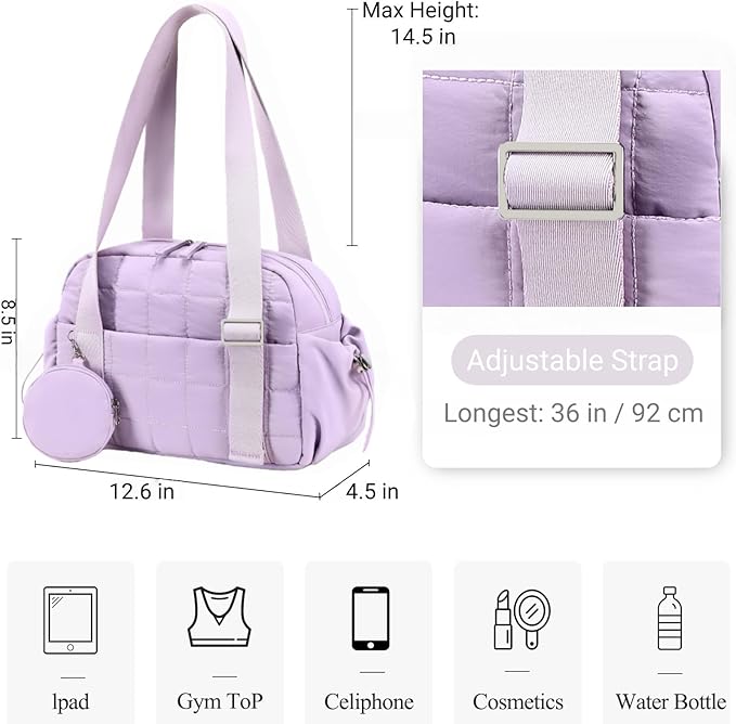 CAMTOP Mini Gym Bag for Women, Small Gym Tote Bag Puffy Quilted Sports Duffel Bag with Wet Compartment and Coin Purse Duffel Bags Dance Yoga Workout Bag for Gifts (Fashional Purple, Mini-12.6")
