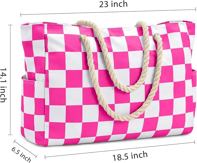 Becokan Beach Bags for Women Checkered Large Beach Tote Bag Zipper Beach Bags Waterproof Sandproof Canvas Swim Pool Bag