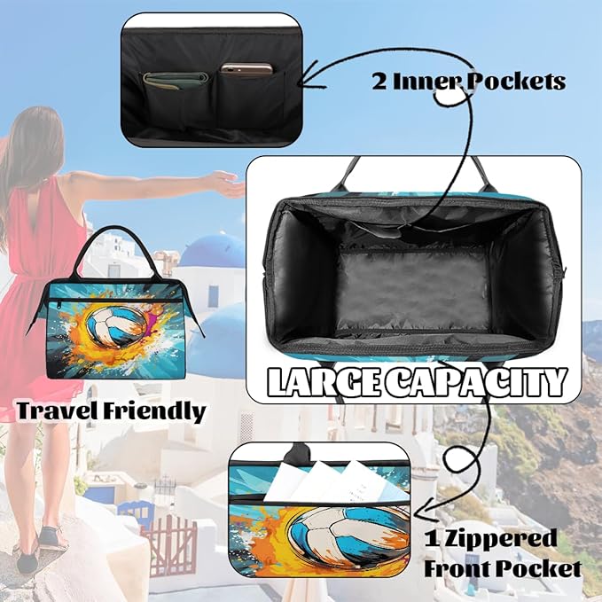 Watercolor Volleyball Overnight Weekender Bags for Women Men, Waterproof Travel Carry On Duffel Bag, Lightweight Sports Gym Bag for Fitness, Workout, Travel