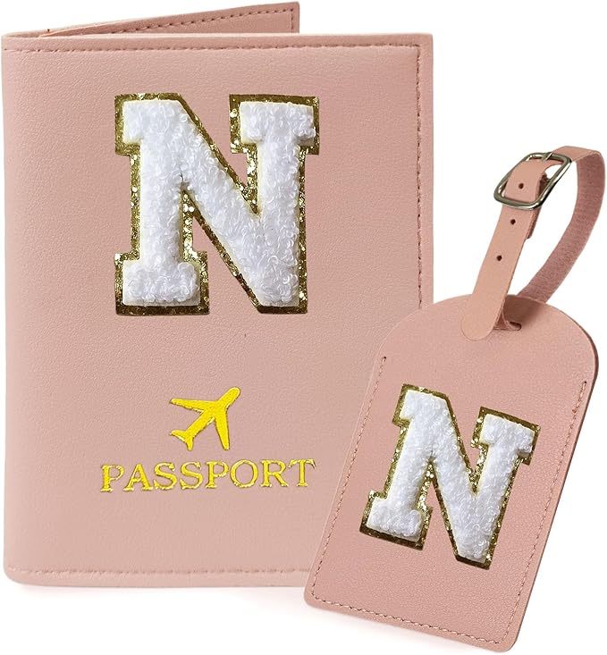 COSHAYSOO Passport Cover and Luggage Tag Set with Her Initial Chenille Letter Patch, Trending Traveling Bag Backpack Suitcase Identifier Birthday Gifts for Women Girls Pink N