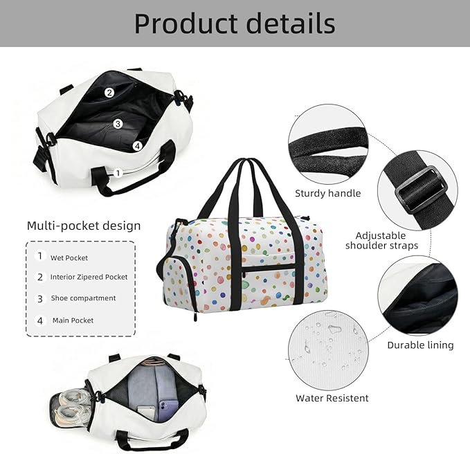 Rainbow Confetti Dots Watercolor Pattern Women'S Gym Duffle Bag With Shoes Compartment, Ideal For Travel, Gym, Sports, Duffel, Weekender