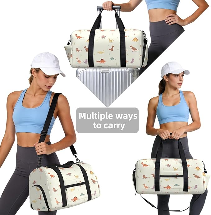 Cute Dinosaurs Print Gym Bag with Shoe Compartment for Women Men, 17.7in Sports Duffle Weekender Tote, Overnight Travel Duffel Bag Carry On