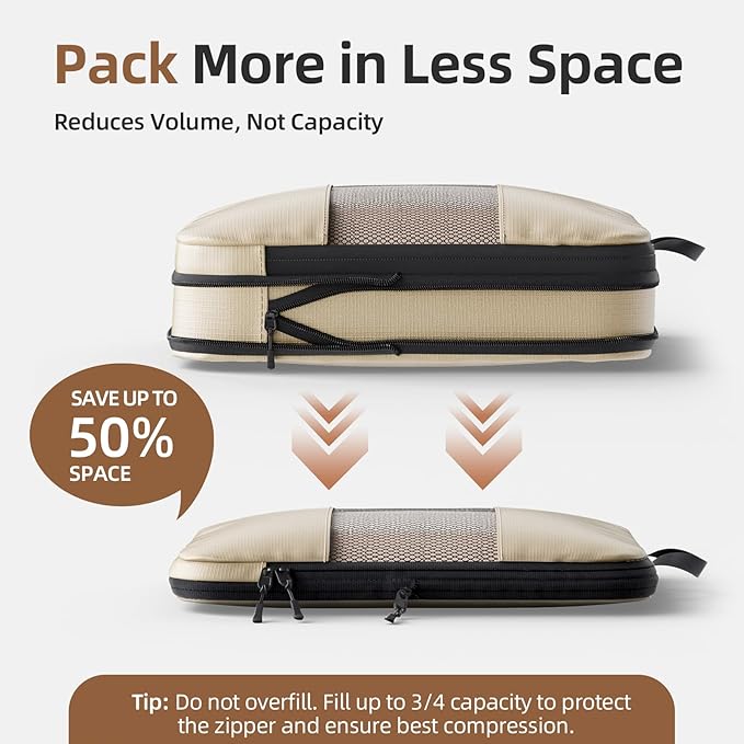 Compression Packing Cubes for Travel,6-Piece Travel Luggage Organizers with Breathable Mesh, Storage Bags for Clothes, Essential Travel Accessories, Beige