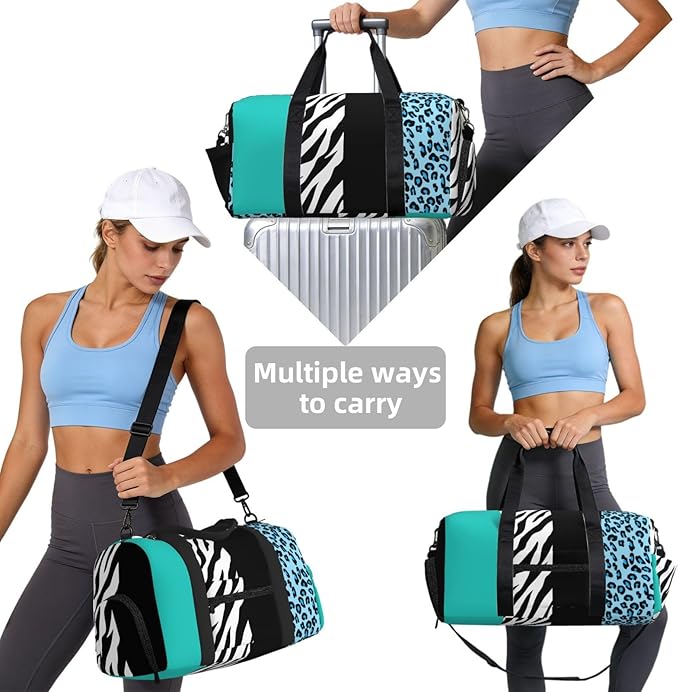 Leopard Print, Zebra Print, Animal Print, Blue Women'S Gym Duffle Bag With Shoes Compartment, Ideal For Travel, Gym, Sports, Duffel, Weekender