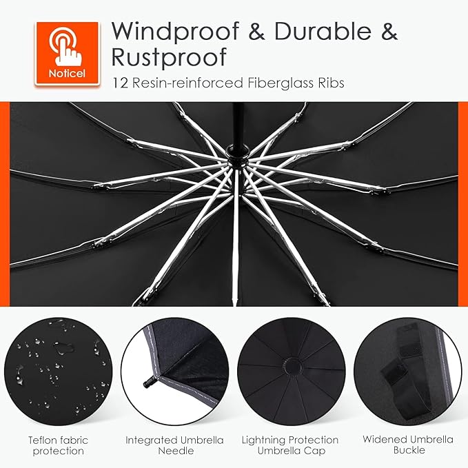 Bodyguard Inverted Umbrella - Large Windproof for Rain & Sun, Compact Reverse With Reflective Stripe, Teflon-Coated for Women Men, Travel Folding With Cover Bag